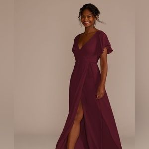 Flutter sleeves elegant pleats wrap around ankle bridesmaid formal dress wine